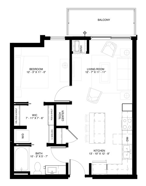 Floor plan for a 1 bedroom and 1 bath apartment unit